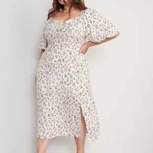 Old Navy Puff-Sleeve Floral-Print Pintucked Smocked Midi Swing Dress